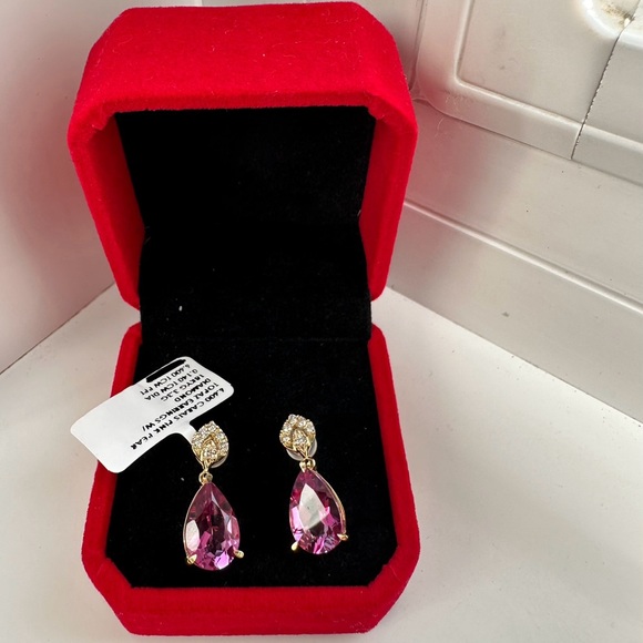SOLD NEW 6.60 CARATS PINK PEAR TOPAZ EARRINGS  Natural Diamonds Real 18K Yellow - Picture 1 of 3